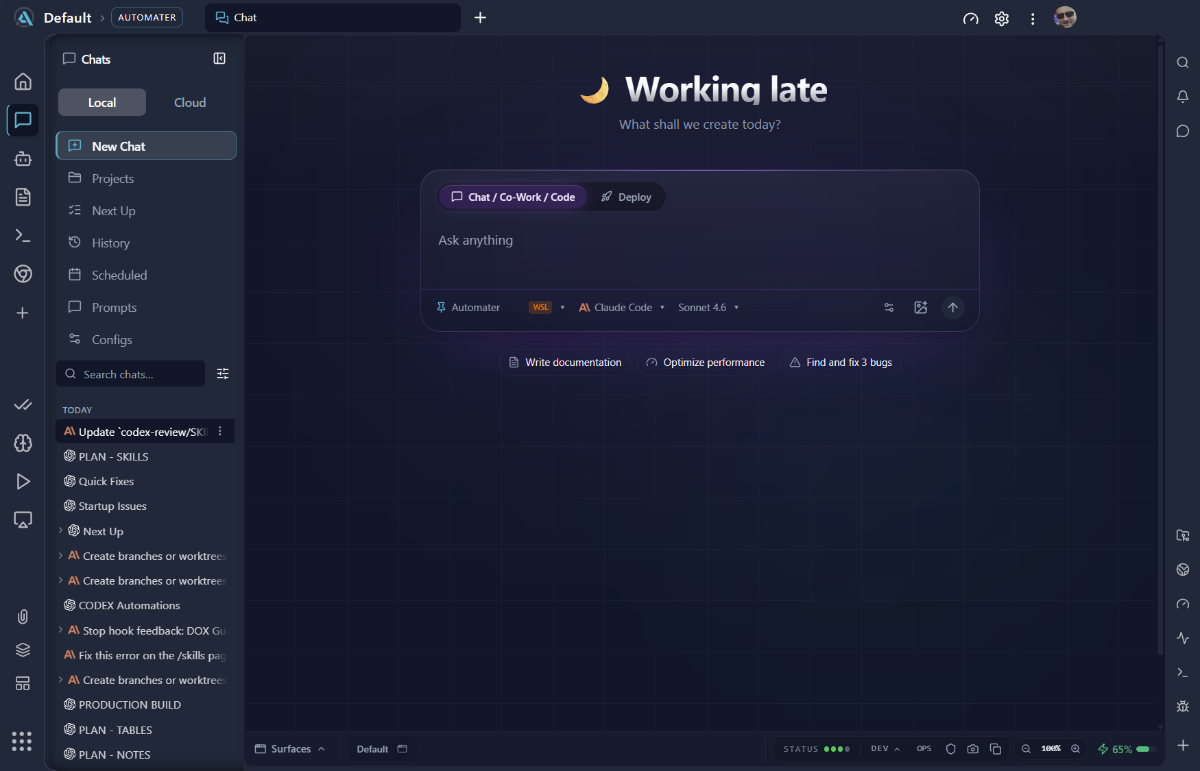Automater desktop — AI chat home with Claude Code model picker and Deploy mode