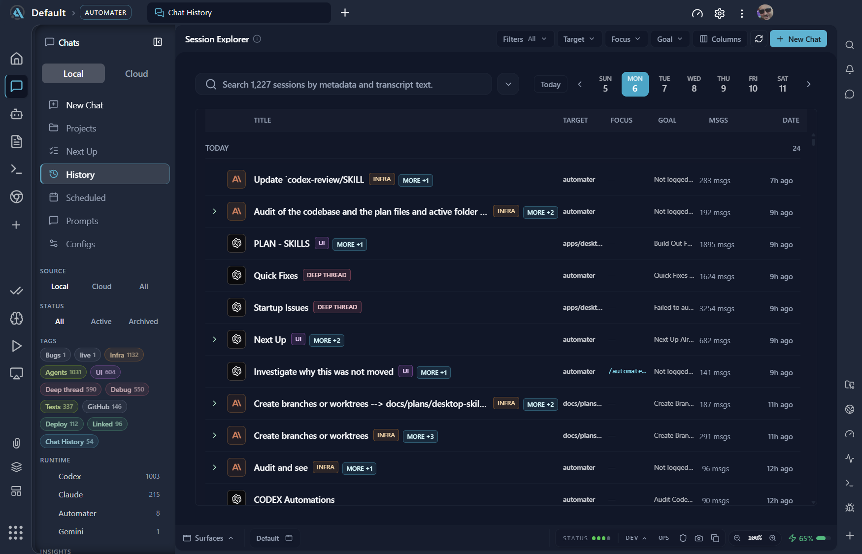 Session Explorer — 1,227 AI sessions searchable by metadata and transcript text